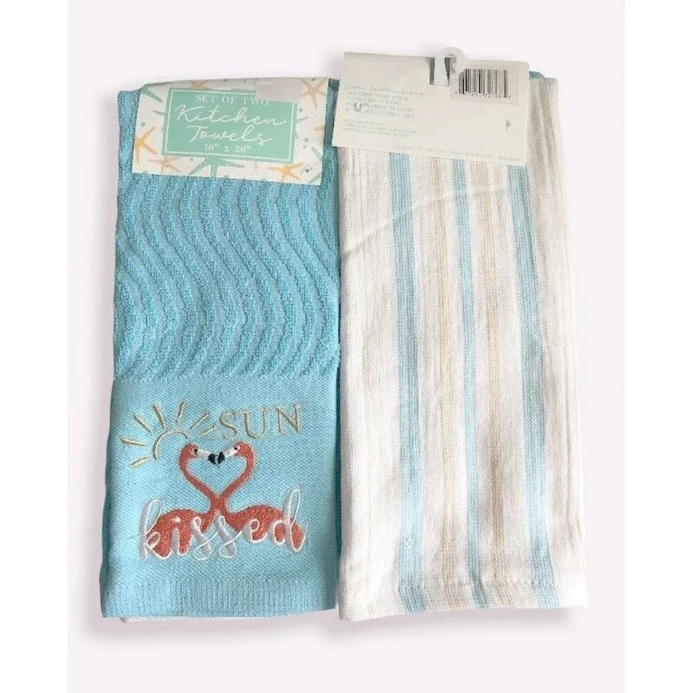Flamingo Kitchen Dish Towels Set of 2 Aqua Embroidered Sun Kissed Beach Summer